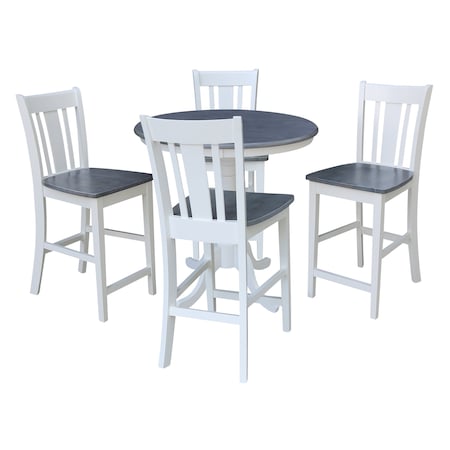 International Concepts 36 in. Solid Wood Round Pedestal Gathering Height Dining Table with 4 Counter Stools in White/Gray K05-36RT-6B-S102-4